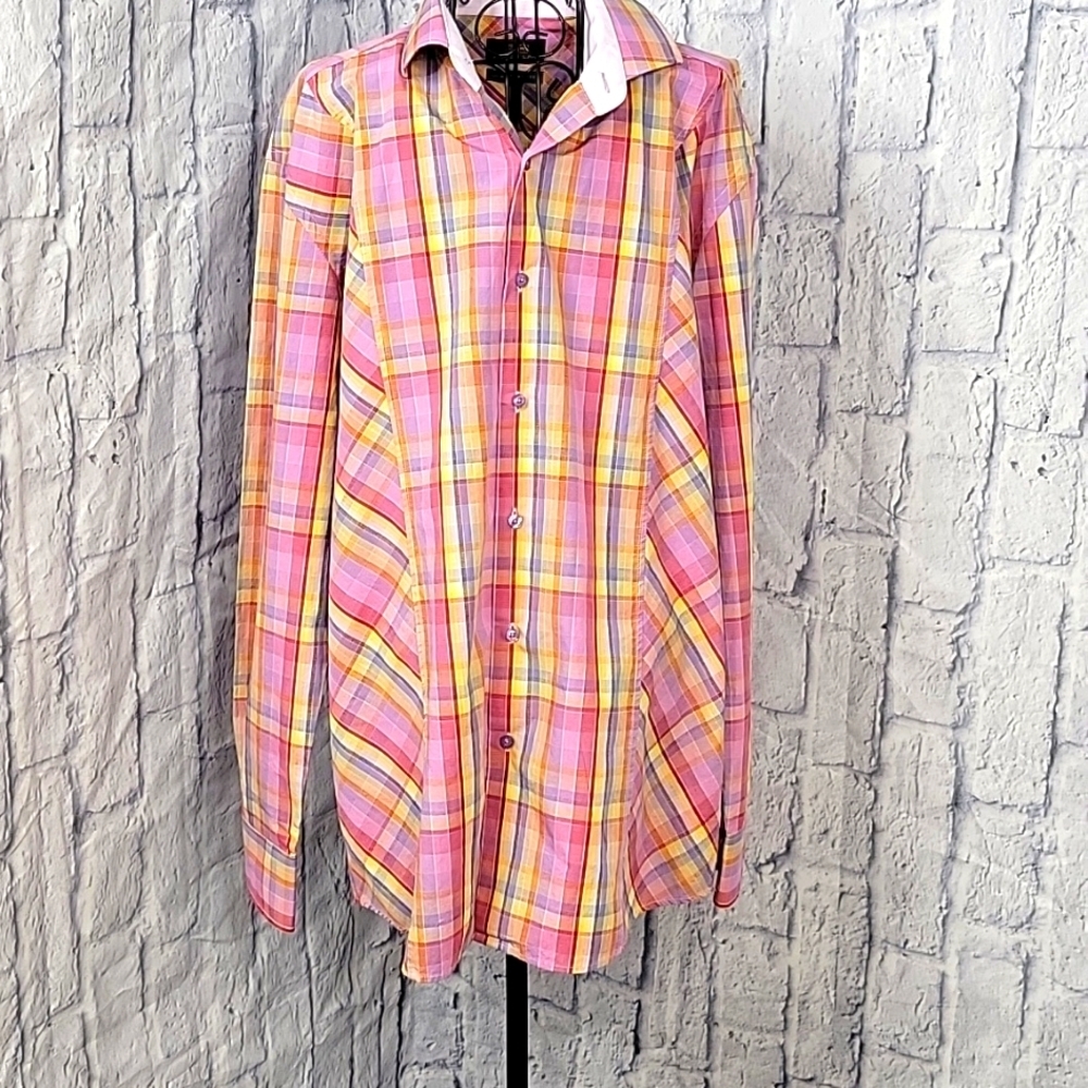 STEVEN LAND Pink and Yellow Button Up Plaid‎ Men's Shirt 16 34/35